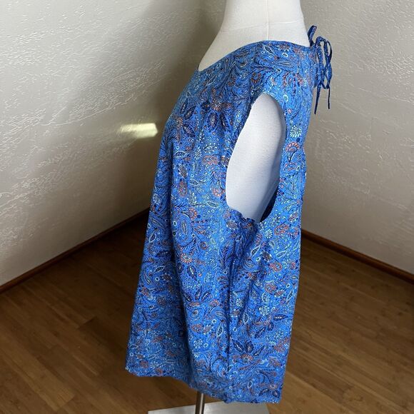 J Jill Top Womens 3X Blue Cotton Paisley Boho Tiered Cap Sleeve Keyhole Back - Picture 8 of 9